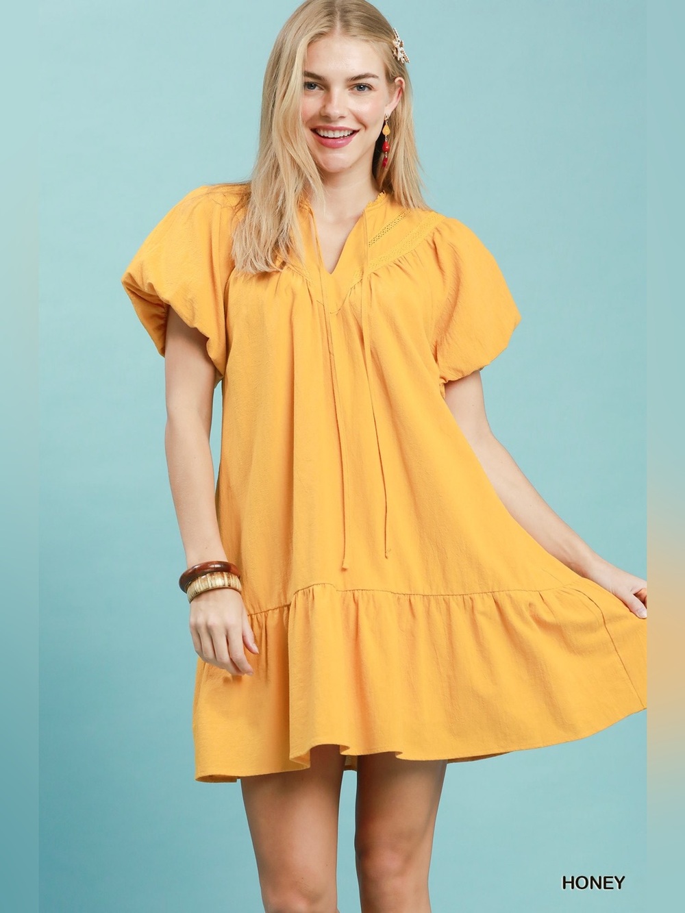 Umgee Flutter Sleeve Tassel Tie Ruffle Hem Mini Dress